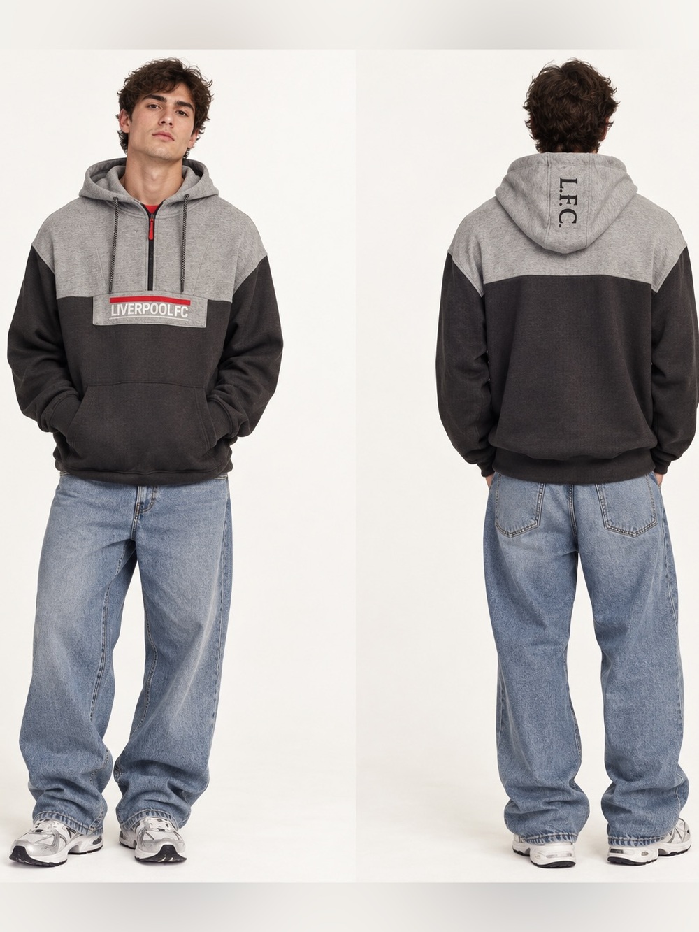 Liverpool Y2K Casual Sporty Color Block Two-Tone Black Gray Half-Zip Hoodie 2XL